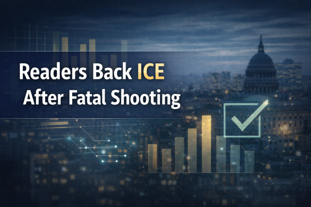 ICE approval poll banner with a professional city-news backdrop and subtle survey graphics representing public opinion and law enforcement debate.