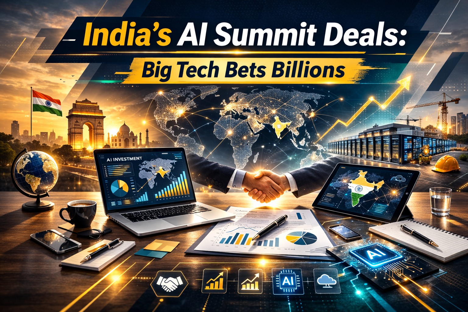 India AI summit deals banner showing a global investment desk scene with data center and partnership visuals in navy, gold, and teal.