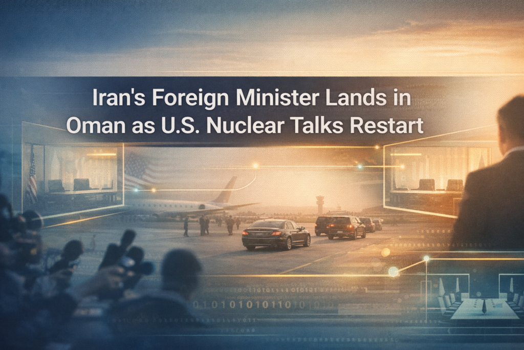 Iran nuclear talks Oman banner with a diplomatic arrival scene and negotiation-themed graphics in navy, gold, gray, and teal.