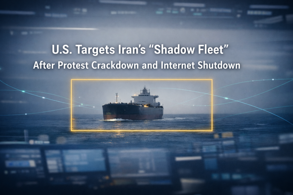 Photographic banner showing an oil tanker at sea with compliance-style overlays, representing Iran shadow fleet sanctions and U.S. action targeting illicit oil shipping.
