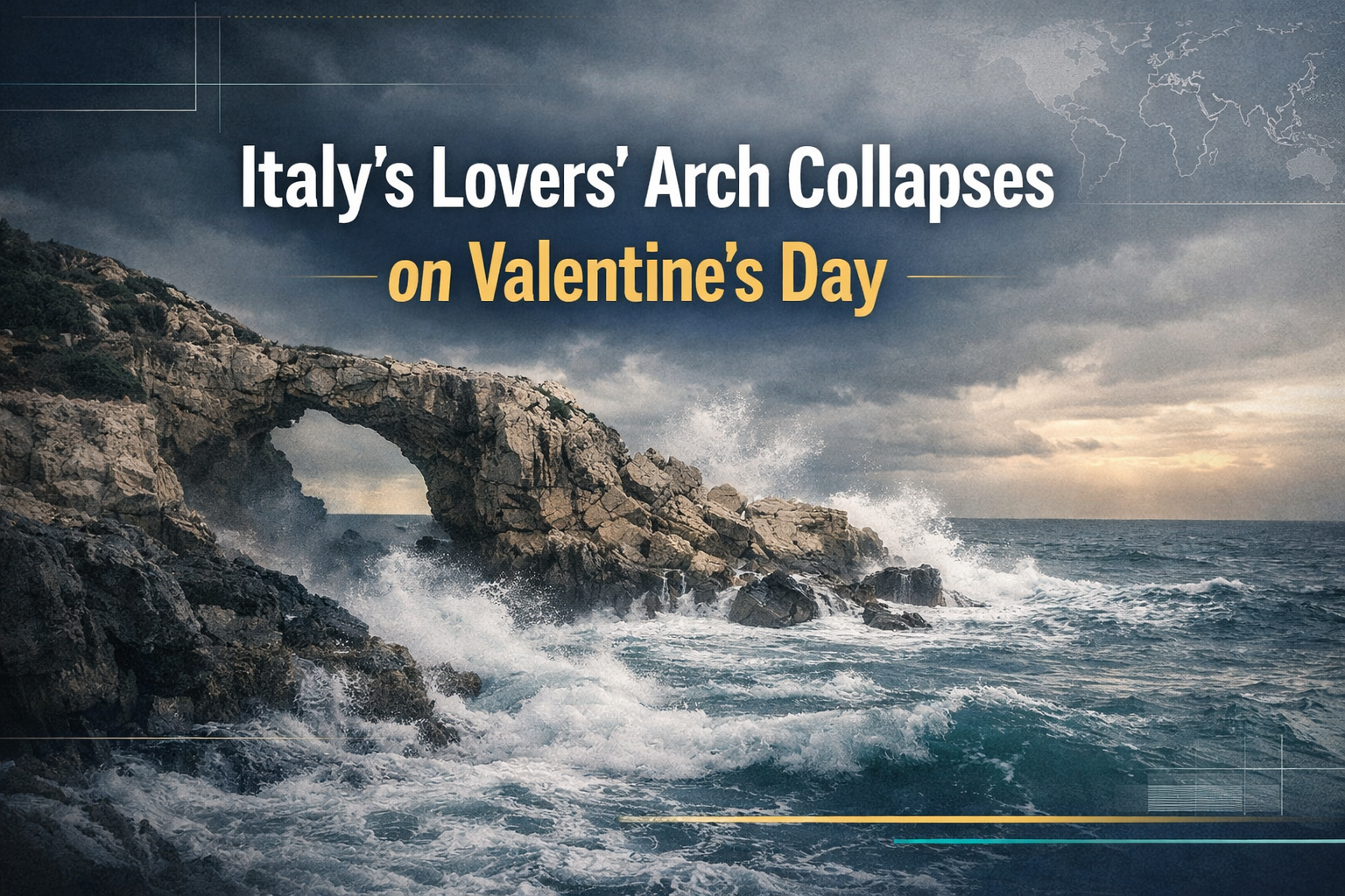 Italy Lovers’ Arch collapse—wide banner showing stormy Adriatic coast imagery with the headline “Italy’s Lovers’ Arch Collapses on Valentine’s Day.”