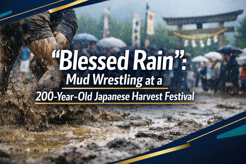 Japanese harvest festival mud wrestling in a rainy, muddy field near Tokyo, showing a traditional cultural ritual and community spirit.