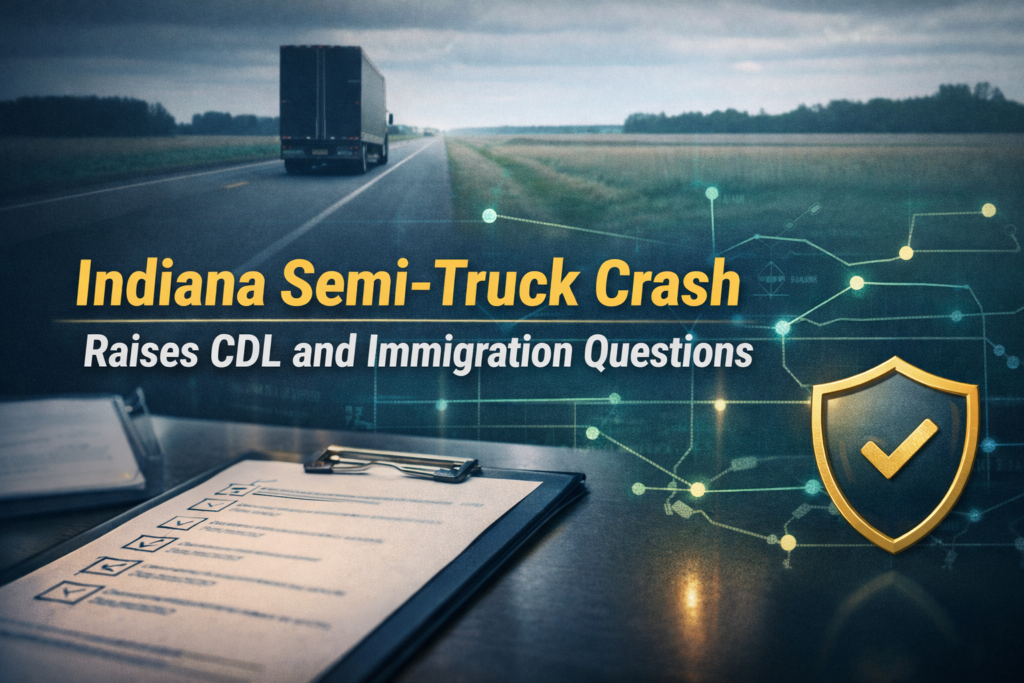 Jay County semi-truck crash banner showing a rural highway logistics scene with compliance checklist visuals and safety oversight icons.