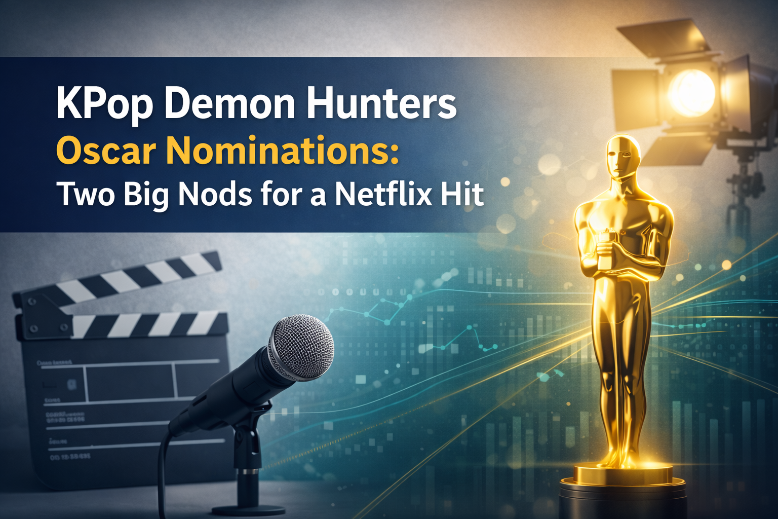 KPop Demon Hunters Oscar nominations banner with a cinematic studio setup, gold awards glow, and sleek teal media accents on a navy overlay.