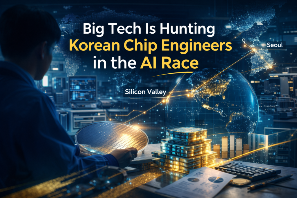Korean chip engineer hiring banner with a modern semiconductor lab scene and chip imagery in navy, gold, and teal accents.