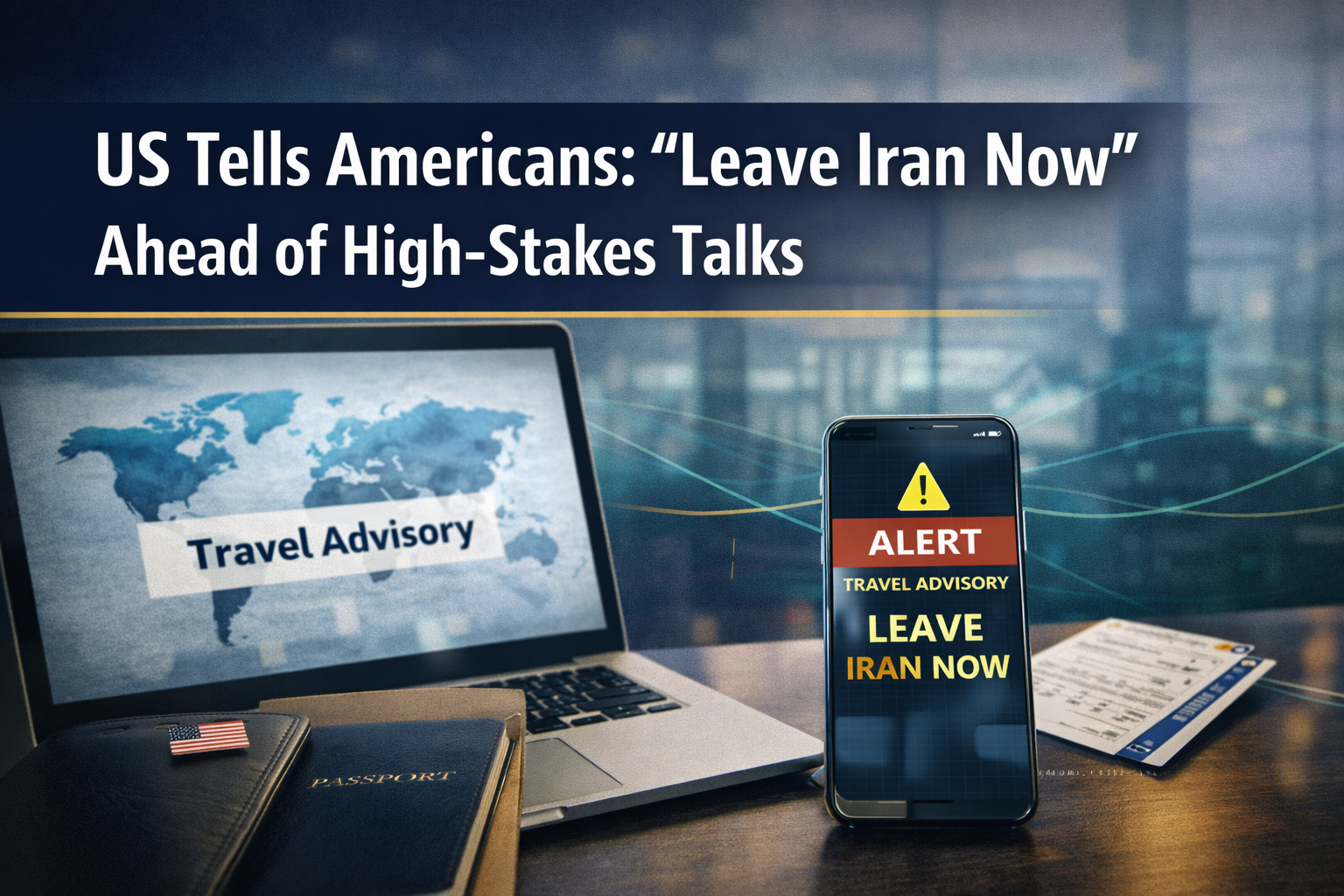 Leave Iran now advisory banner with passport, phone travel alert, and subtle map-route graphics in navy, gold, teal, and light gray.