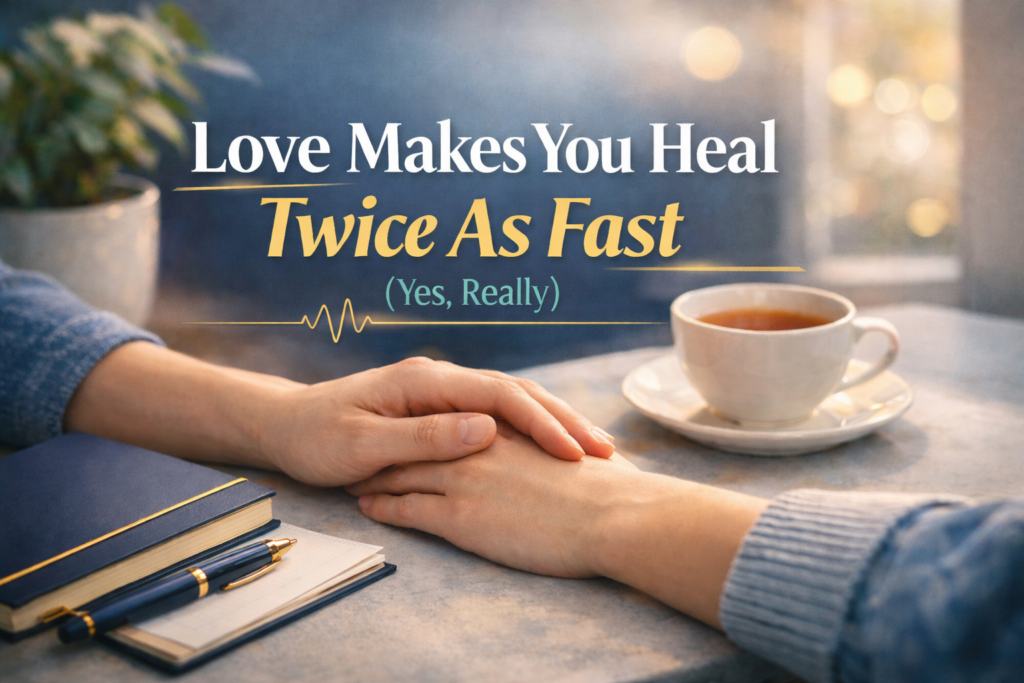 Love and wound healing banner showing supportive connection in a business-casual wellness scene with navy, gold, teal accents.