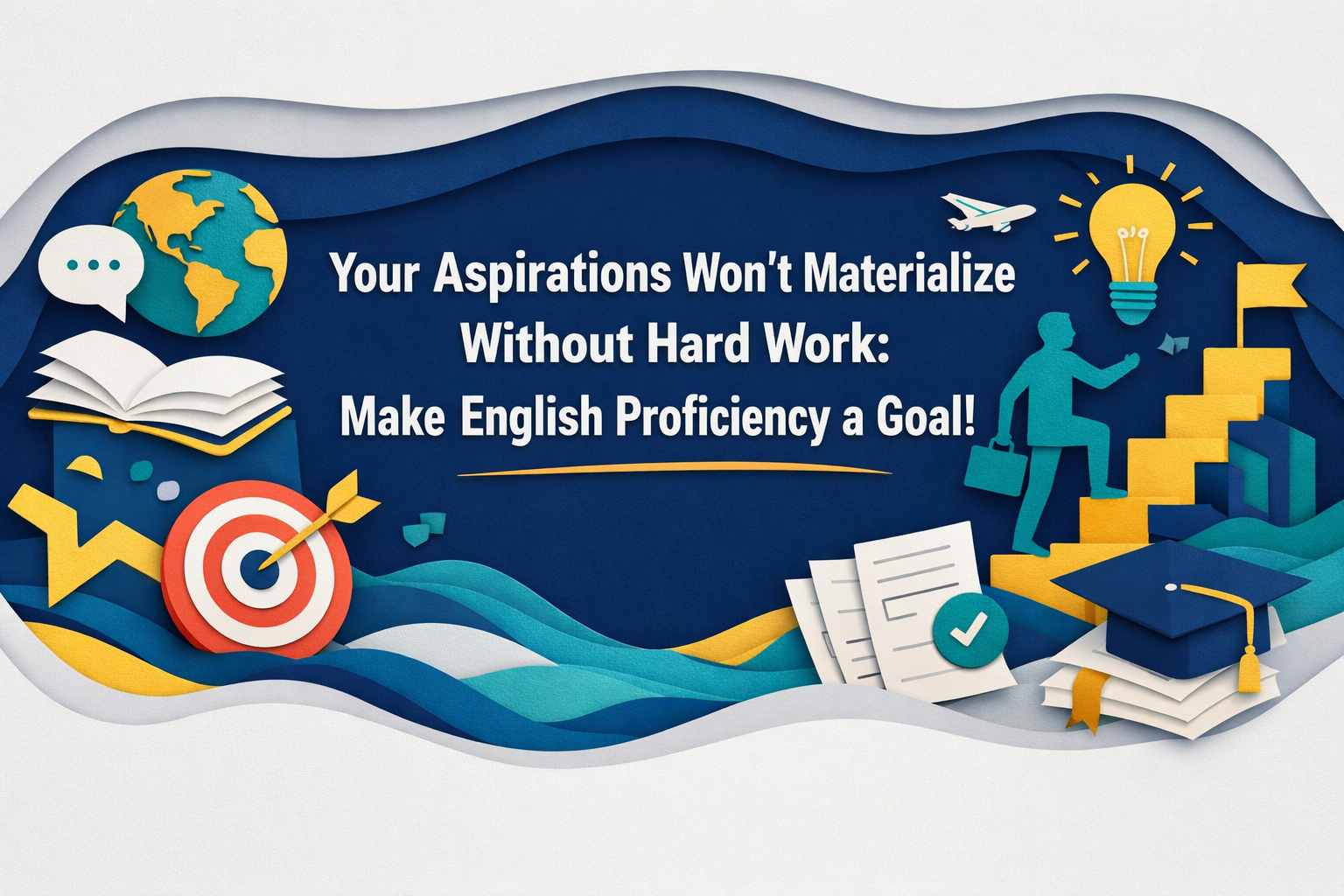 Wide 3D paper-cut style banner in navy blue, soft gold, light gray, and teal, showing a busy professional climbing step-by-step toward a clear goal sign that reads “Your Aspirations Won’t Materialize Without Hard Work—Make English Proficiency a Goal!”, representing Make English proficiency a goal through daily effort and progress.