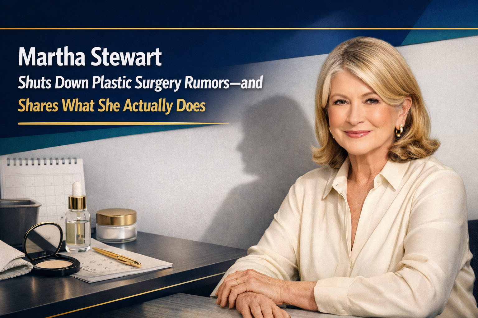 Martha Stewart plastic surgery rumors banner showing a modern editorial-style beauty and business themed design in navy blue and gold.