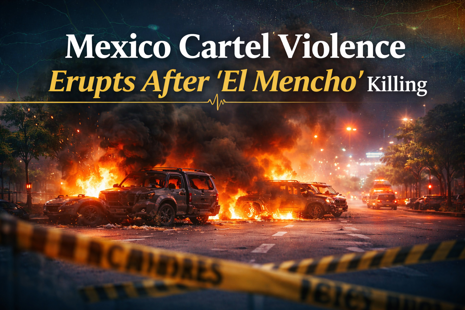 Mexico cartel violence banner in a professional breaking-news style with navy, gold, and teal accents and a blurred city backdrop.
