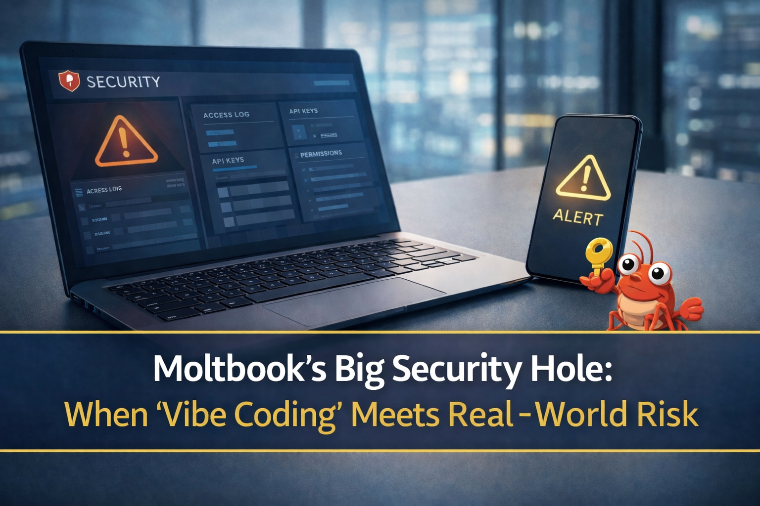 Moltbook security hole exposed after Wiz finds major data leak, featuring a red cartoon lobster mascot and cybersecurity visuals on a navy blue background