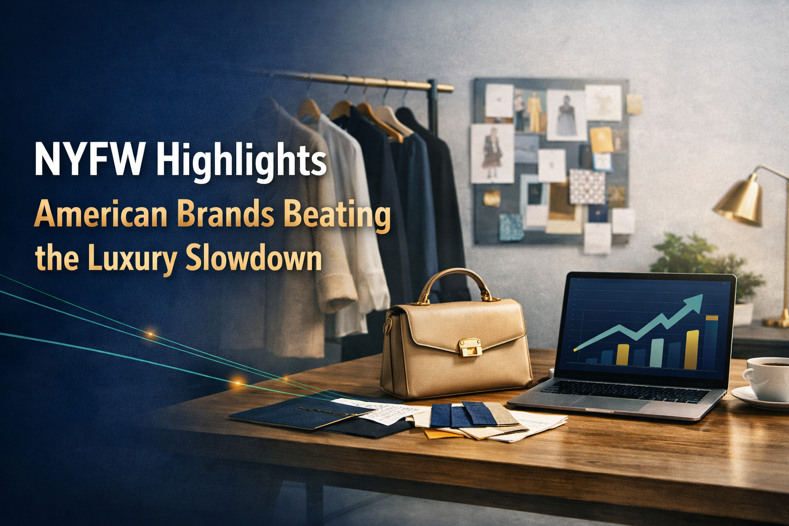 NYFW American brands banner showing a runway-style showroom, handbag display, and retail trend chart in navy, gold, teal, and light gray.