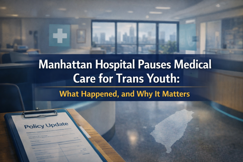 Photographic hospital hallway banner with policy-document visuals, representing NYU Langone trans youth care changes, with the article title overlay.