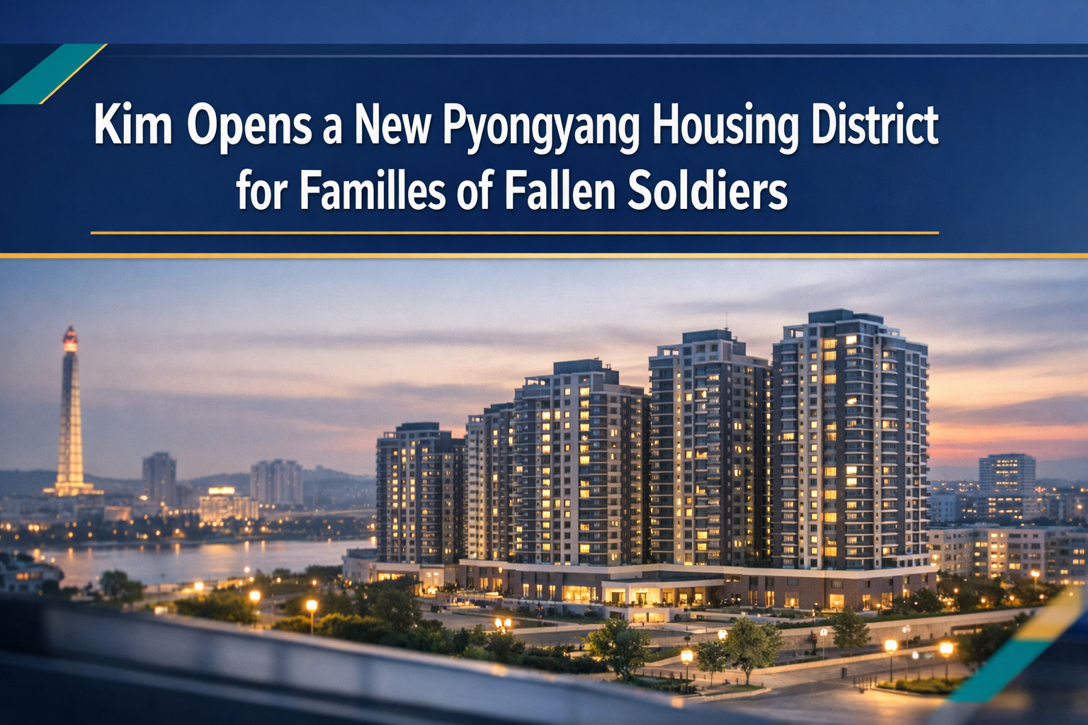 New Pyongyang housing district banner showing modern apartment towers in Pyongyang with navy-and-gold business-news styling and clean headline layout.