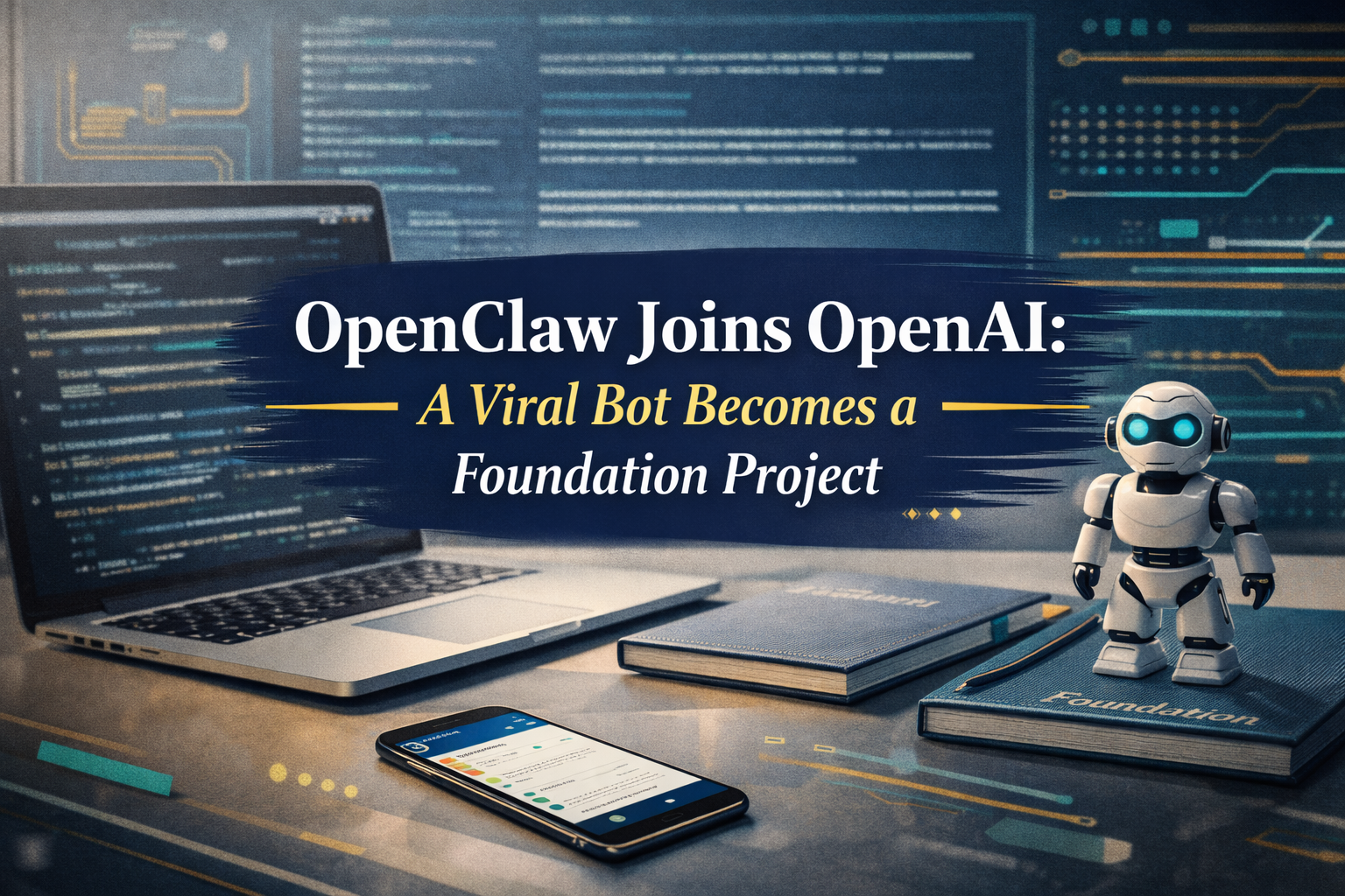 OpenClaw joins OpenAI banner with a modern AI workspace, laptop code screen, and subtle foundation-themed visuals.