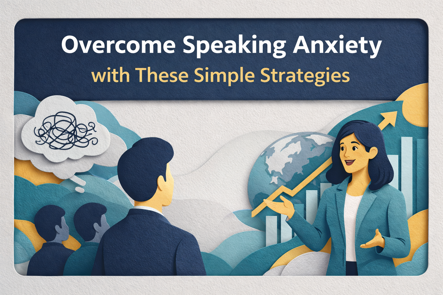 Wide 3D paper cut banner showing a calm professional speaking in a meeting to Overcome Speaking Anxiety, using navy, teal, light gray, and soft gold brand colors.