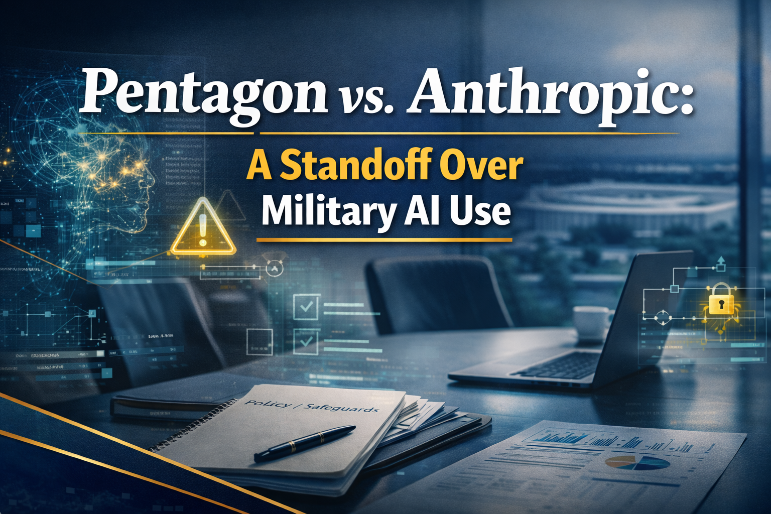 Photographic tech banner of a boardroom table with AI interface overlays, representing the Pentagon Anthropic AI dispute over military AI use and safeguards.
