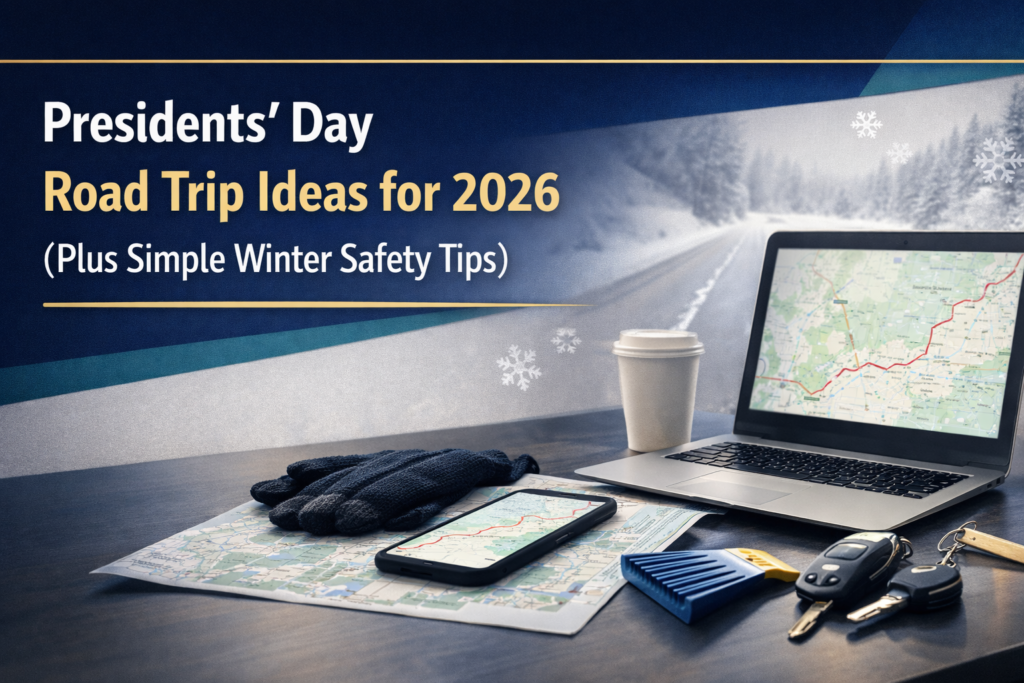 Presidents' Day 2026 road trip ideas banner with a winter travel planning desk, route map, and safety items in navy blue and gold.