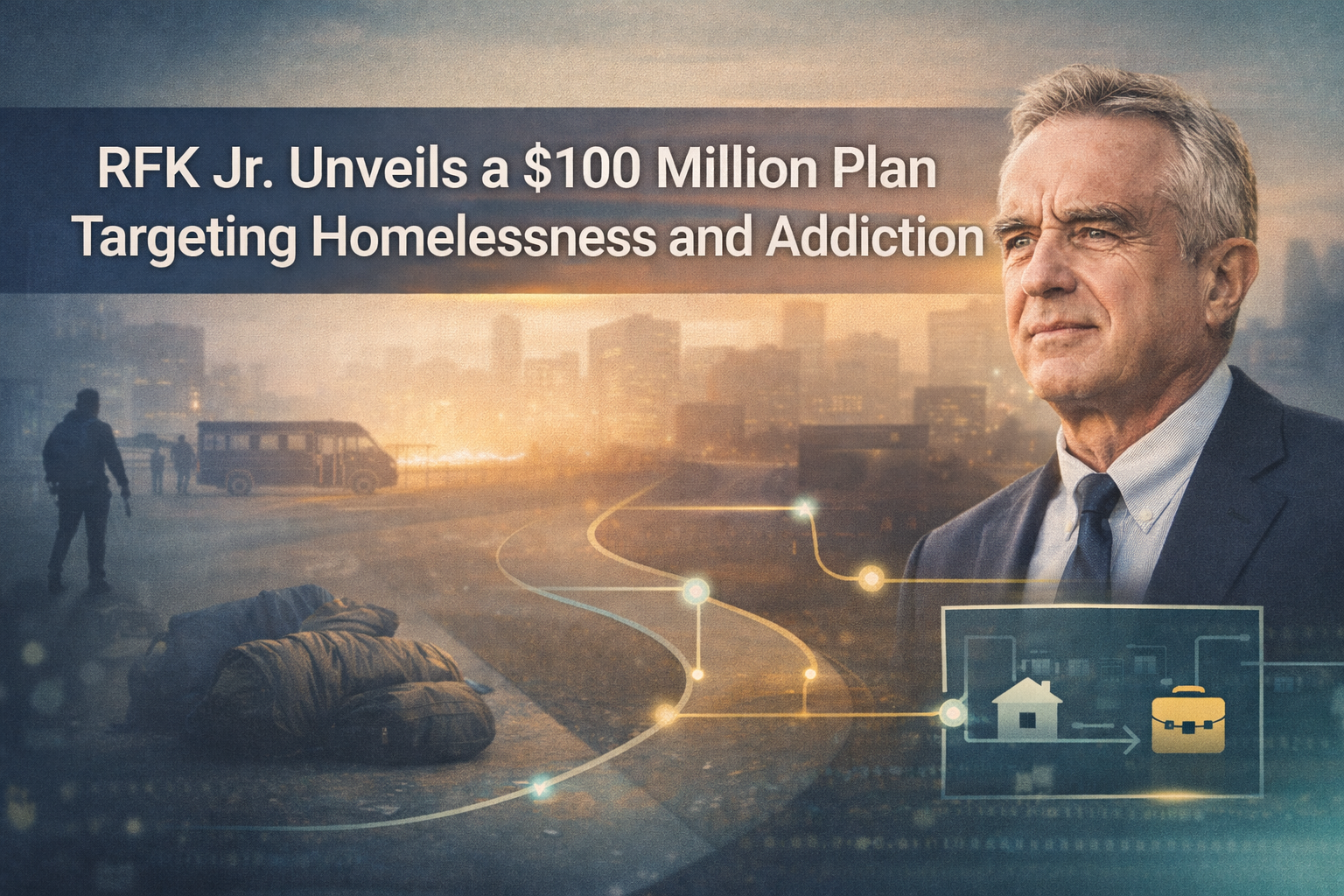 RFK Jr homelessness program banner showing a city policy scene and a pathway-to-support graphic in navy, gold, gray, and teal.