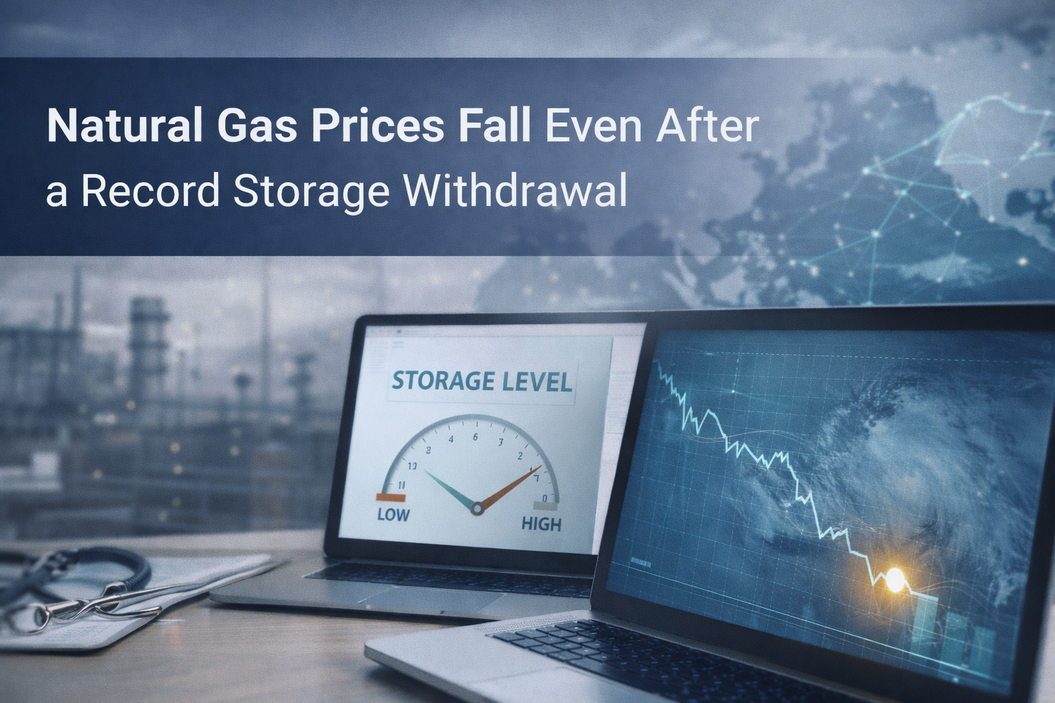 Record natural gas storage withdrawal banner with energy market charts and a winter-storm data backdrop in a business setting.