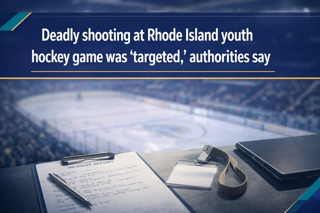 Rhode Island rink shooting banner with a nighttime ice rink exterior, subtle emergency-light bokeh, and navy-and-gold business-news headline styling.