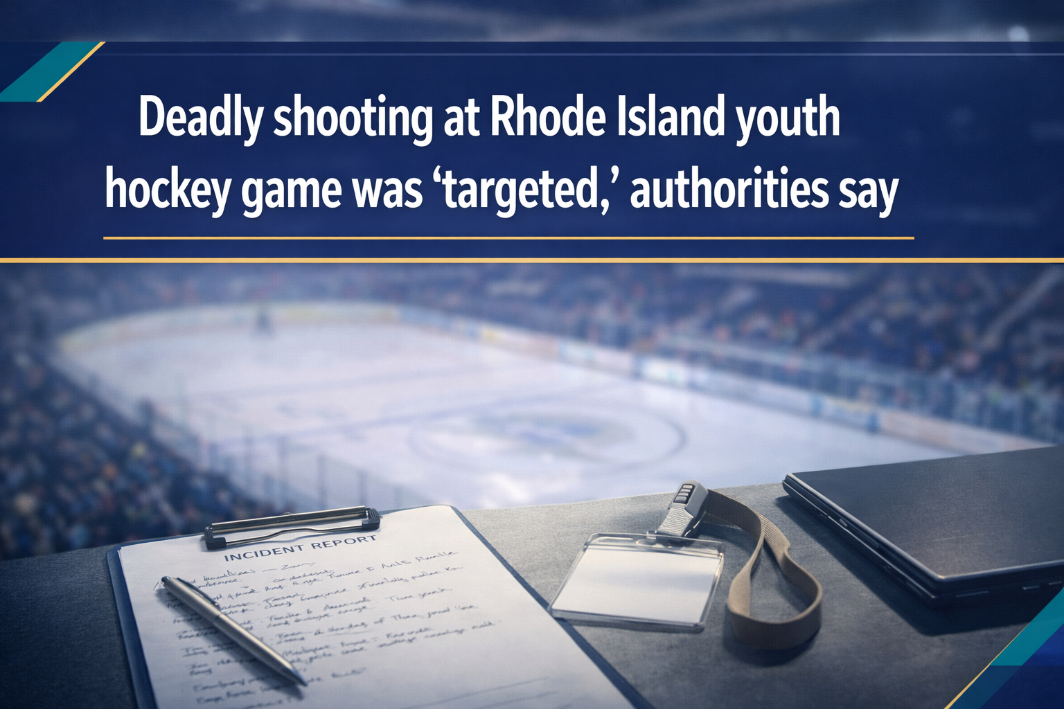 Rhode Island rink shooting banner with a nighttime ice rink exterior, subtle emergency-light bokeh, and navy-and-gold business-news headline styling.