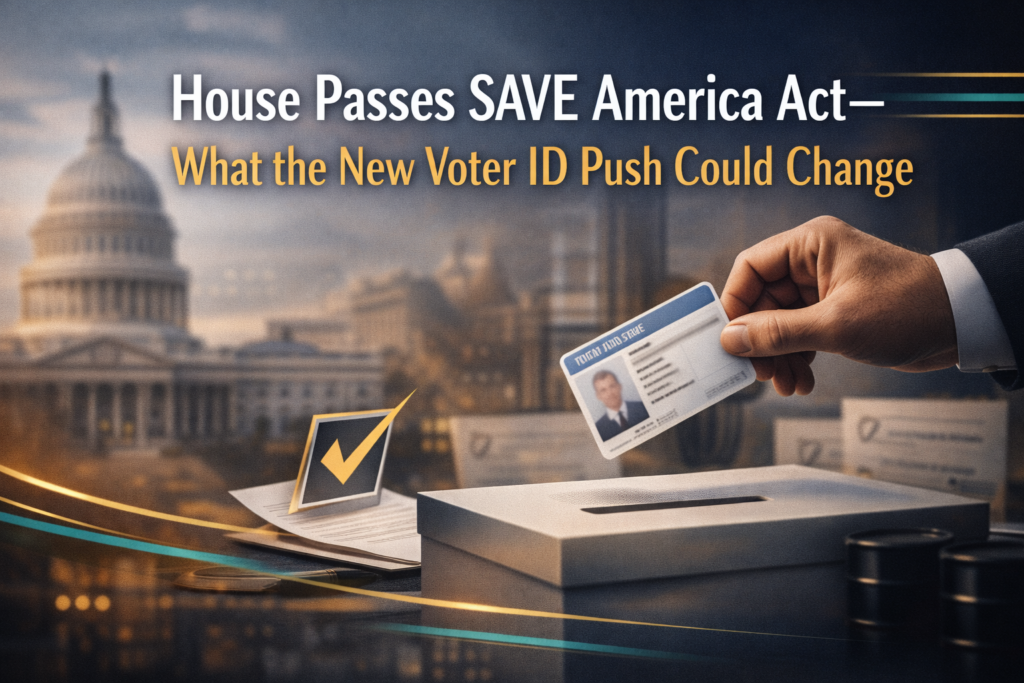 Photographic banner with voting and identification imagery representing SAVE Act voter ID, using navy, gold, and teal business styling and the article headline.