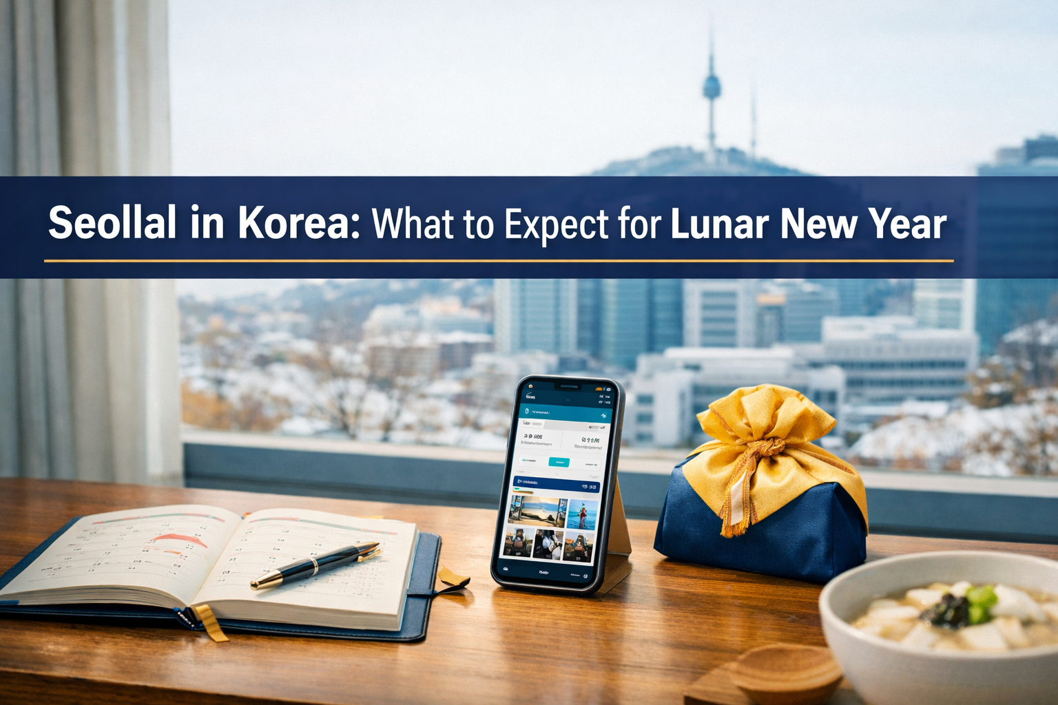 Seollal in Korea guide banner showing a business-casual Lunar New Year planning scene with travel app, planner, and subtle tteokguk in brand colors.