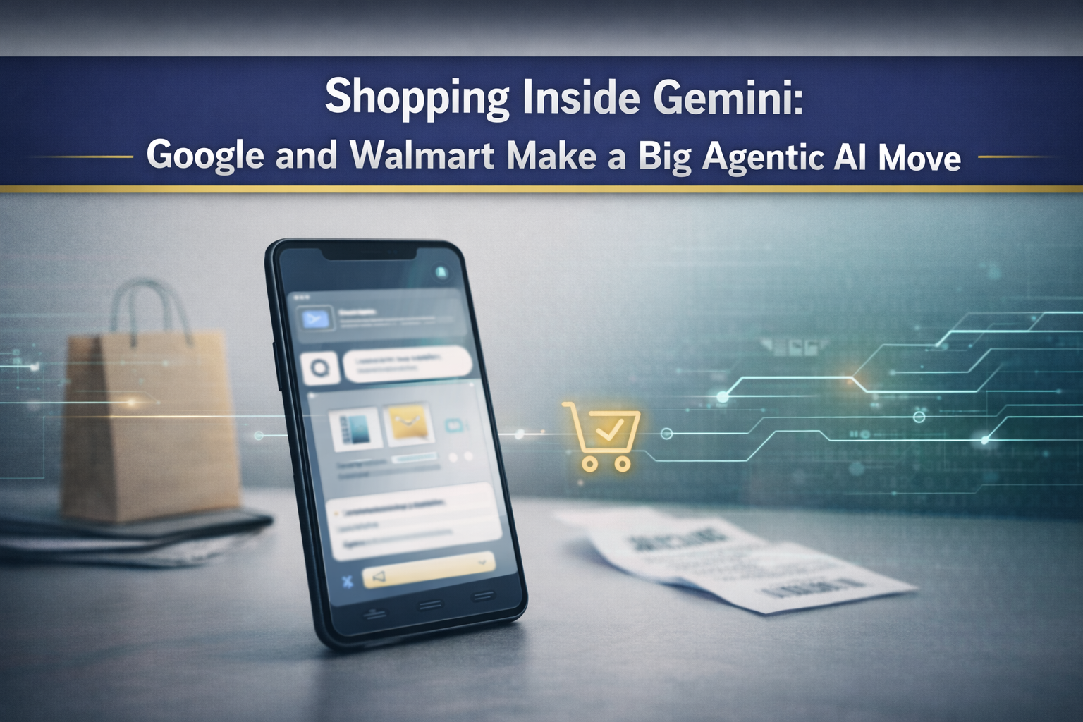 Shopping inside Gemini shown in a business-style banner with a smartphone AI assistant concept, retail checkout visuals, and modern digital accents.
