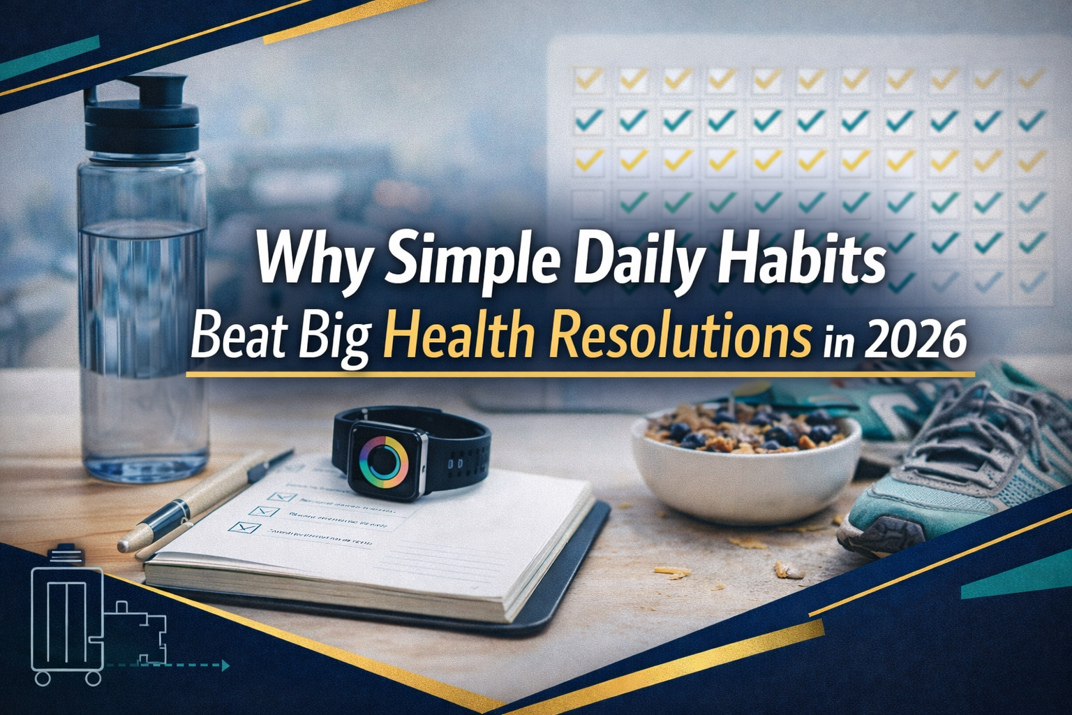 Simple daily habits banner featuring a modern wellness routine desk setup that supports sleep, movement, and nutrition for busy professionals.
