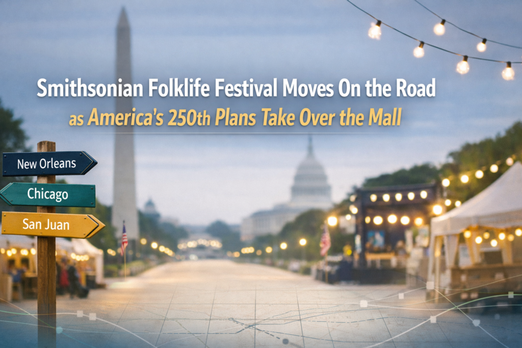 Smithsonian Folklife Festival change banner showing a National Mall-style walkway with city signposts and a clean festival-planning theme in navy, gold, teal.