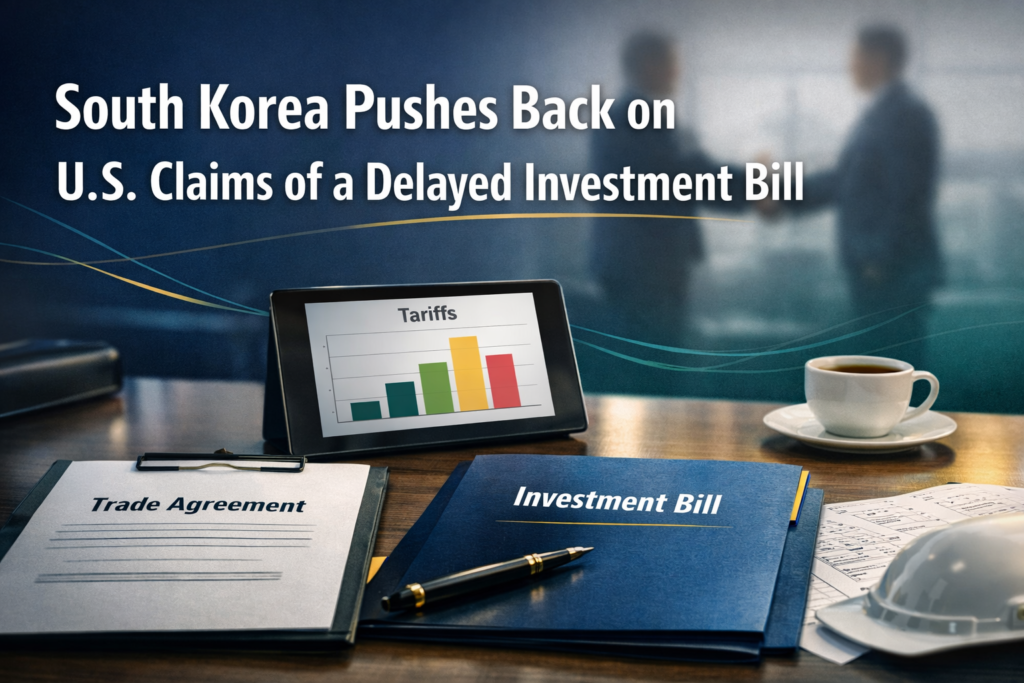 South Korea investment bill delay concept banner showing a business meeting table with trade documents and a tariff chart, in navy and gold branding.