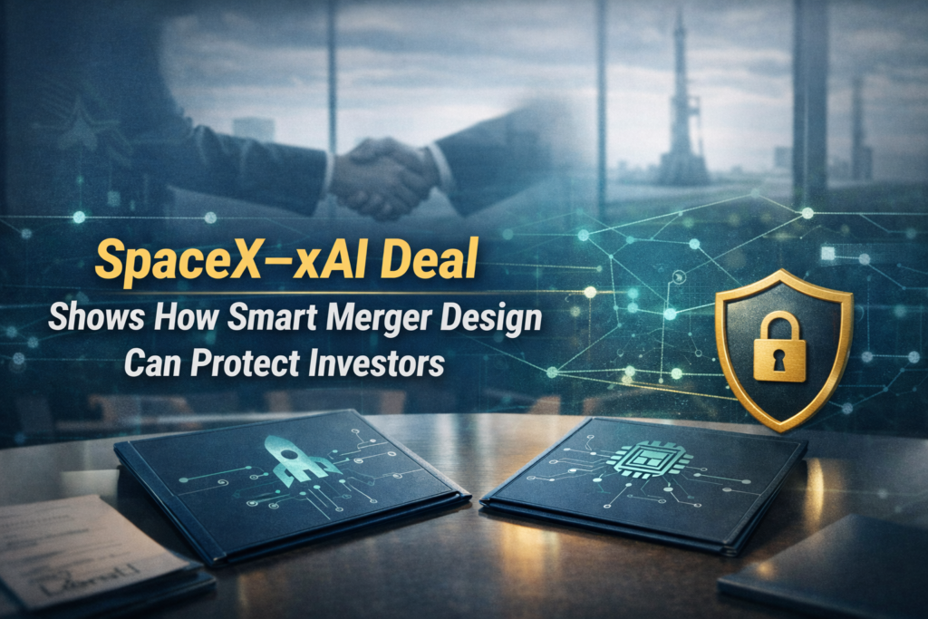 SpaceX xAI merger structure depicted in a corporate boardroom deal scene with digital network overlays and a protective legal shield icon.