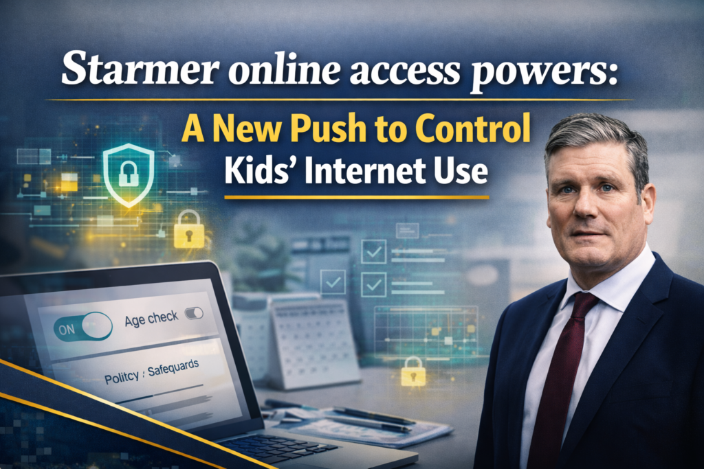 Photographic banner showing parental control settings and safety icons, illustrating Starmer online access powers and tighter rules for children’s online access.
