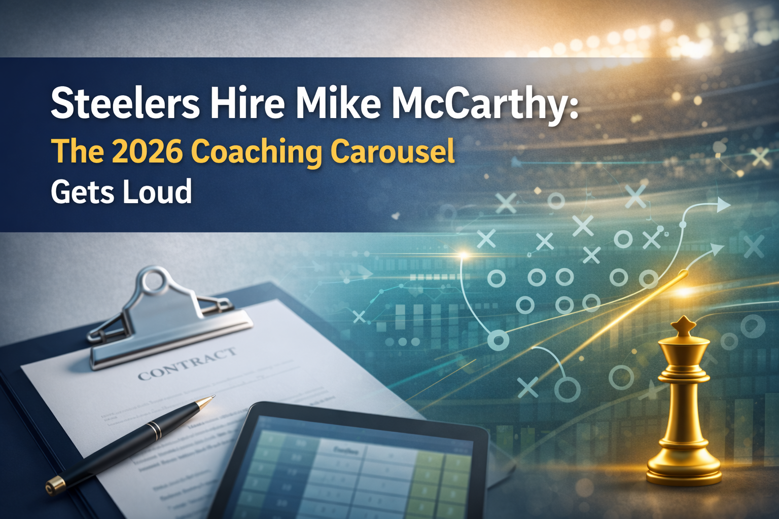 Steelers hire Mike McCarthy banner showing a leadership-style desk scene with a contract, strategy diagram lines, and stadium-light bokeh in navy, teal, and gold.