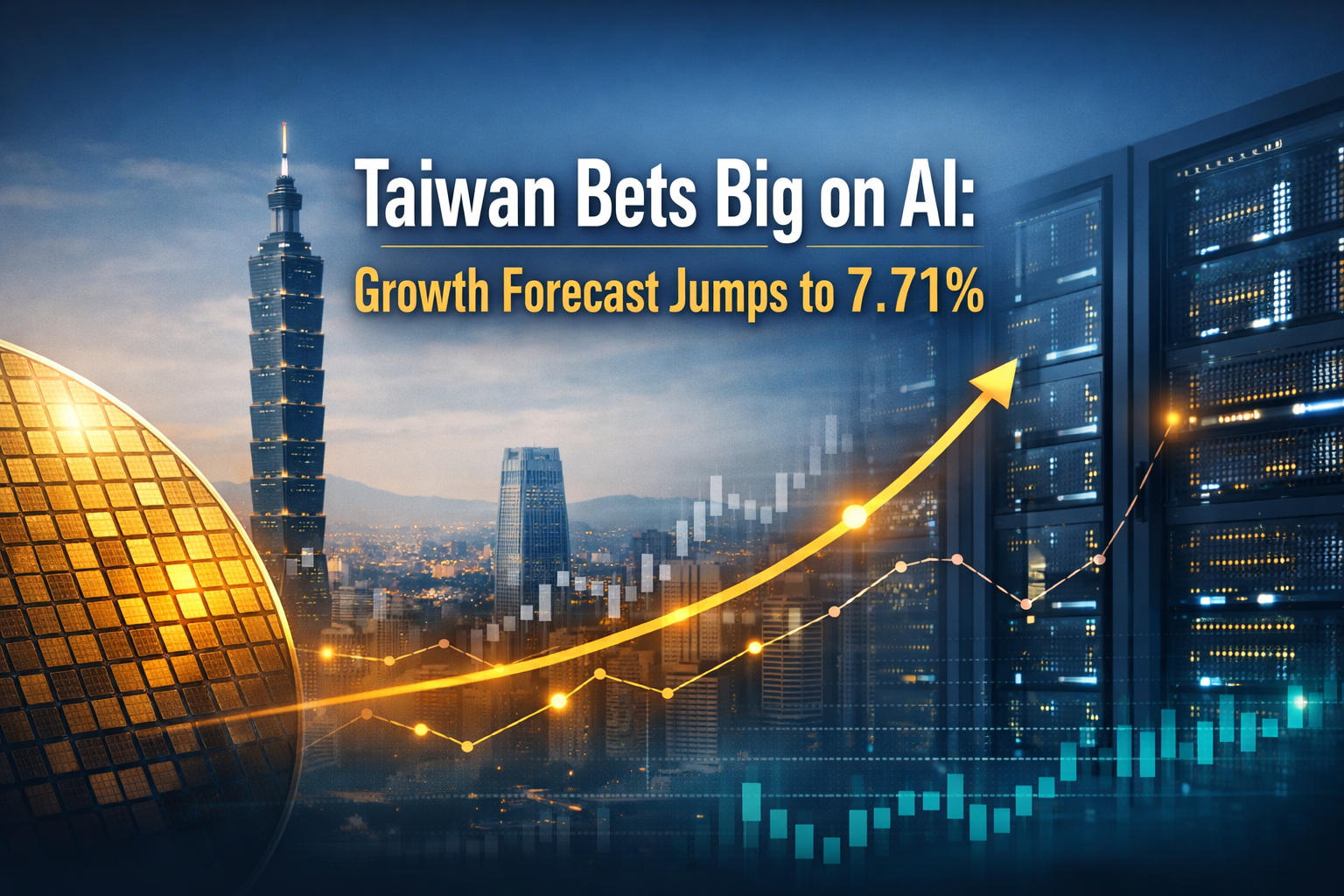 Taiwan 2026 growth forecast banner showing Taiwan tech and AI chips with an upward economic chart in navy blue and gold.