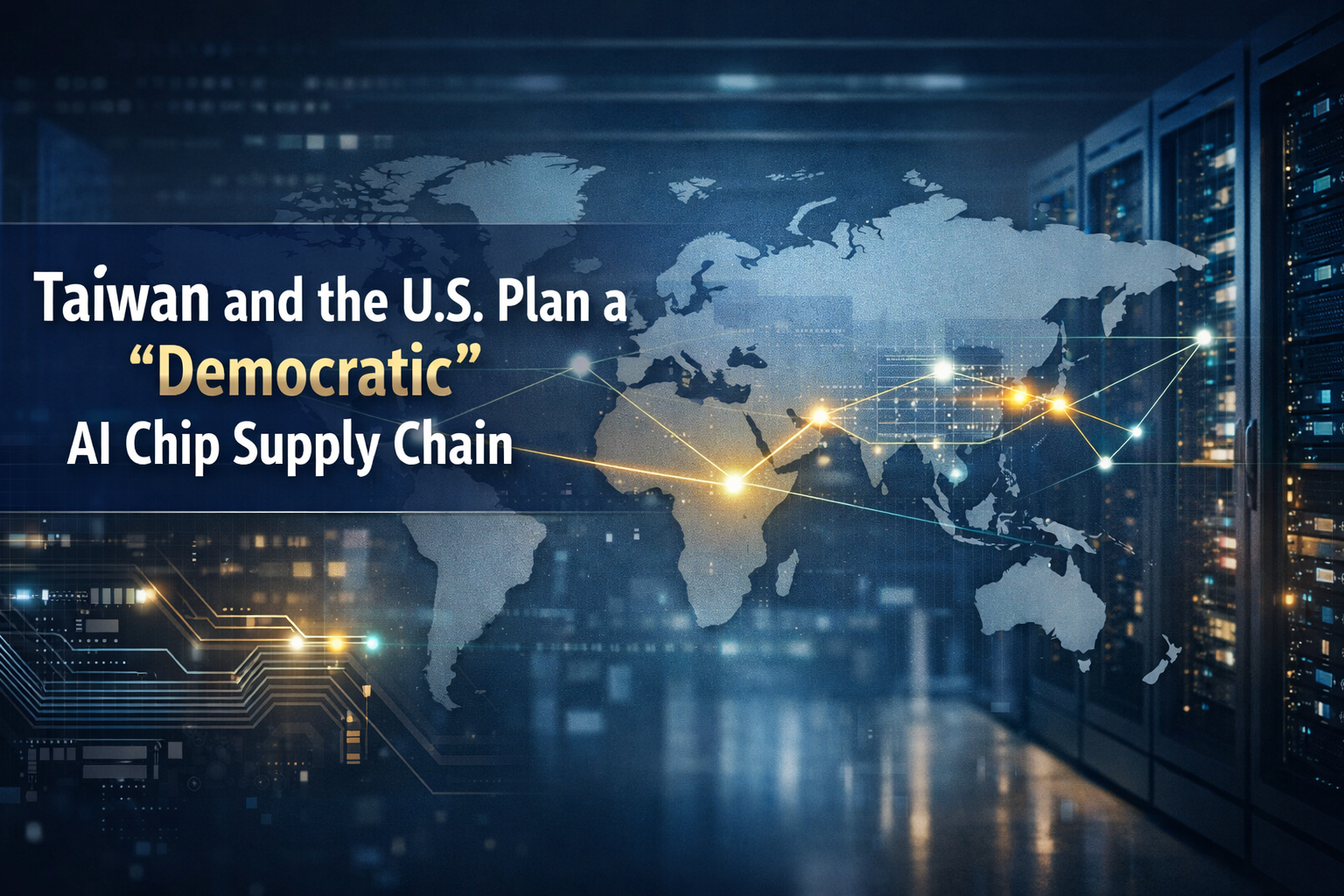 Taiwan U.S. AI partnership banner showing a modern chip and AI supply chain network linking Taiwan and the United States in a business-tech style.