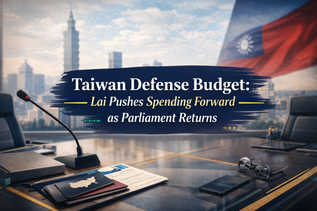 Taiwan defense budget banner with a modern policy meeting table, documents, and a subtle Taiwan civic skyline backdrop.