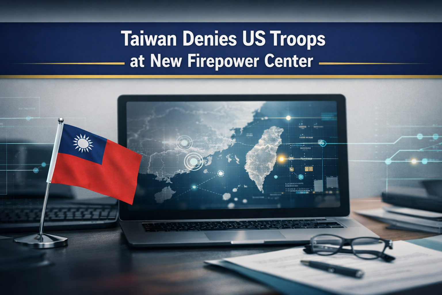 Taiwan denies US troops in a new firepower coordination center story, shown in a business-style banner with a digital map and official tones.