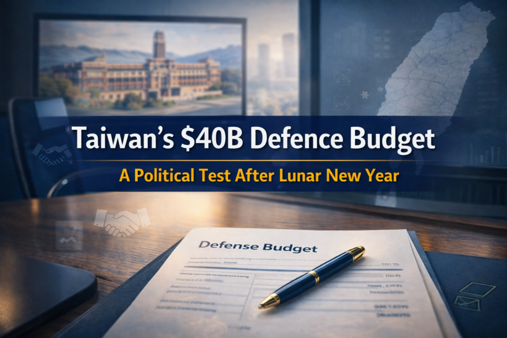 Photographic banner of a policy meeting table and Taiwan map overlay, illustrating the Taiwan parliament defence spending review, with the article title.