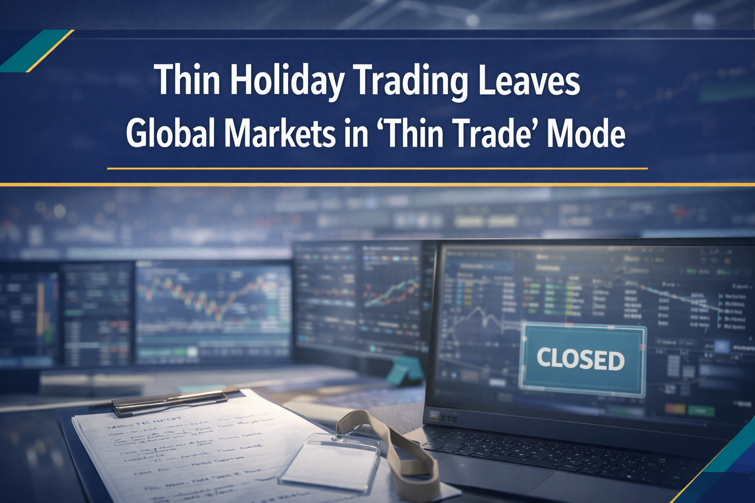 Thin holiday trading banner with finance screens and subdued market visuals, featuring navy-and-gold business styling and a clean headline layout.