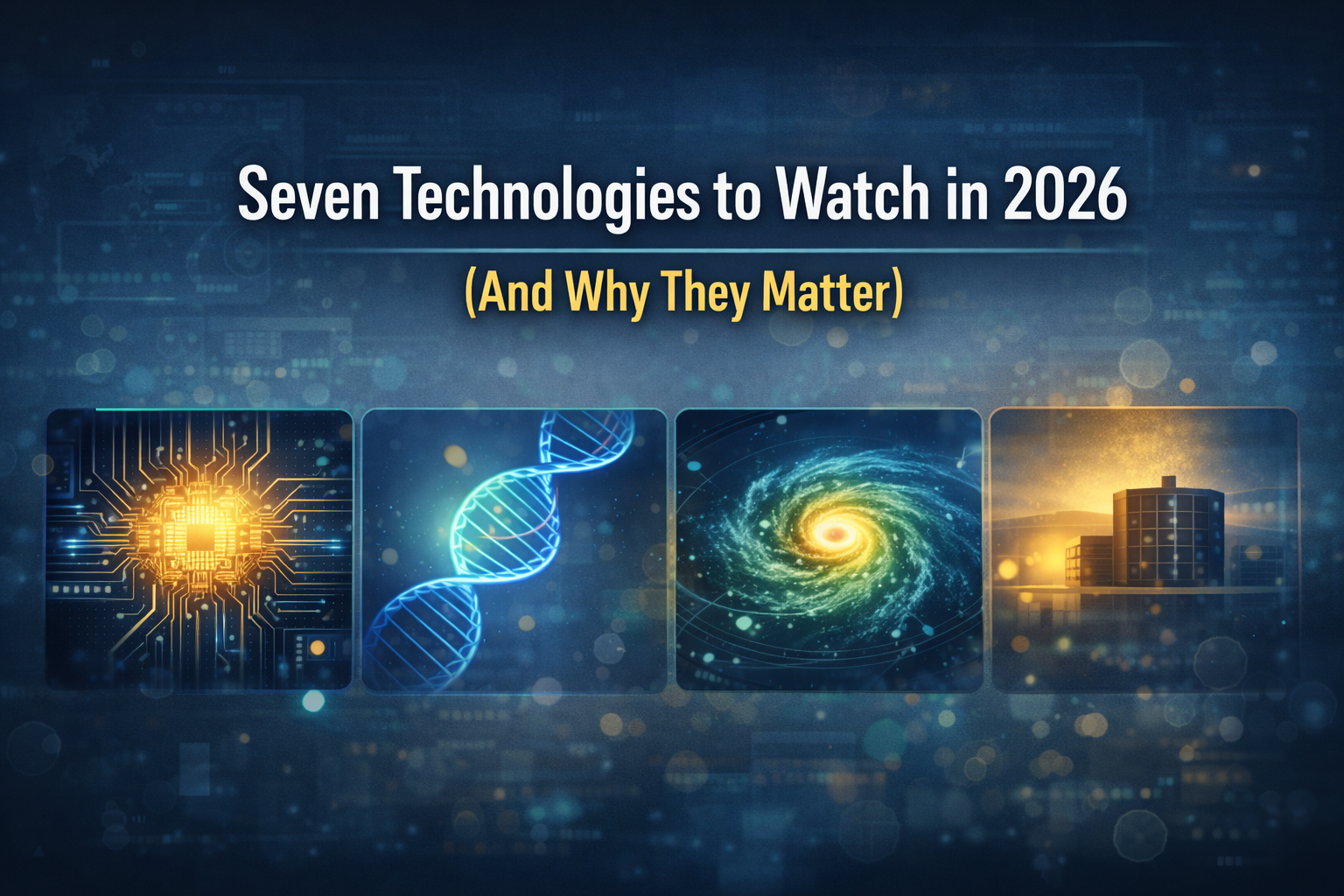 Top tech trends 2026 banner featuring AI, quantum, mRNA, and energy icons in a modern navy and gold business design.