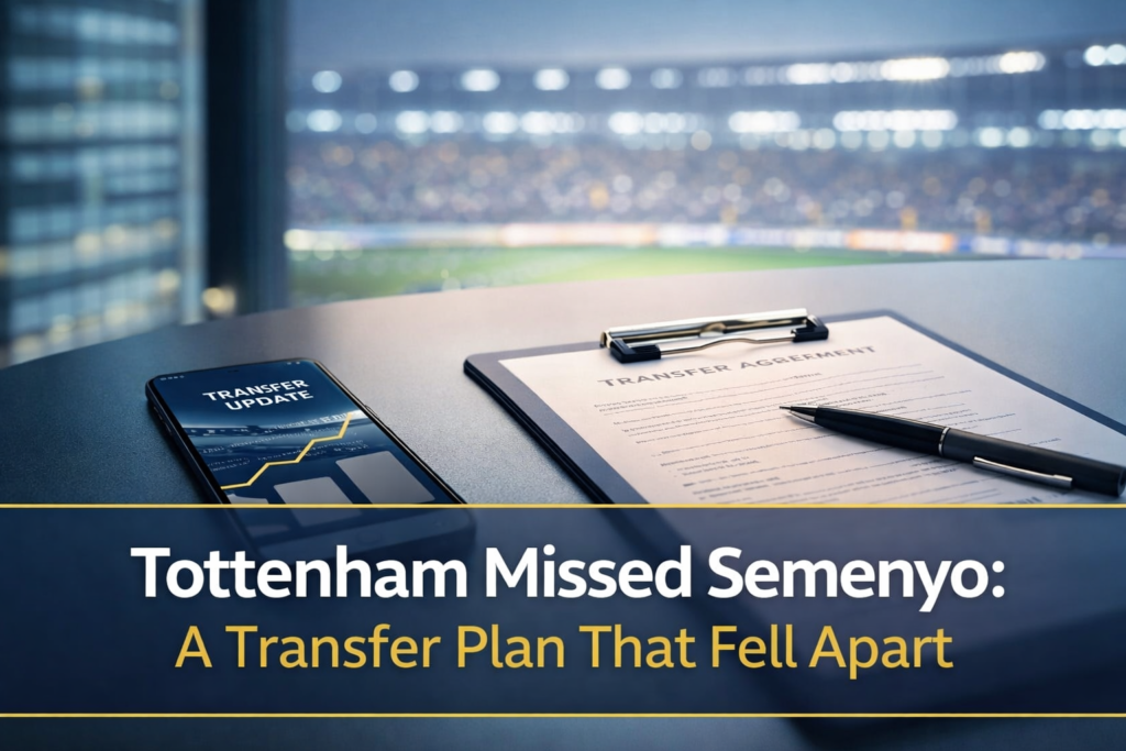 Tottenham missed Semenyo banner showing a transfer-themed business scene with contract folder and stadium lights in navy and gold.