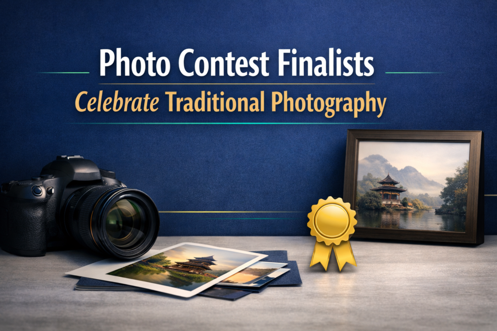 Traditional photography competition finalists featured in a gallery-style banner with camera, framed prints, and professional exhibition vibes.
