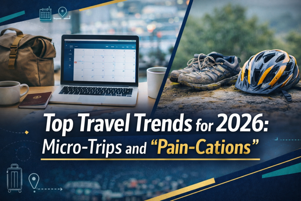Travel trends for 2026 banner showing micro-trips planning and challenge-style “pain-cations” with modern business-travel visuals.