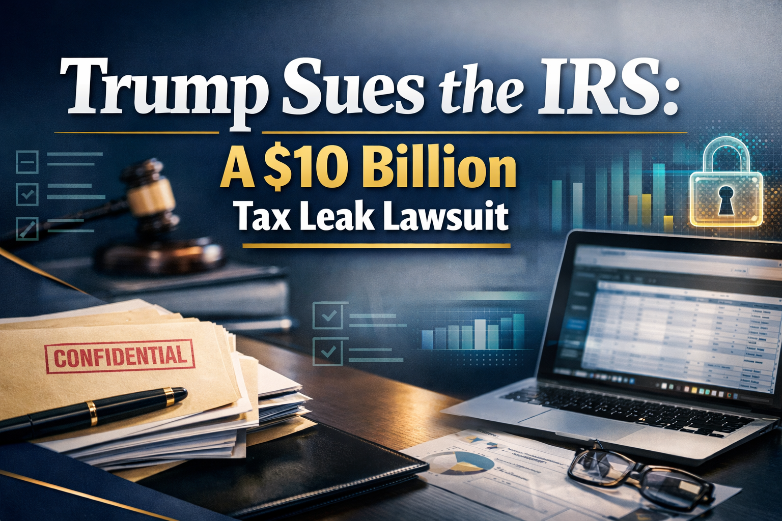 Photographic banner of a modern desk with confidential documents and data-security icons, illustrating Trump sues the IRS over a $10 billion tax leak lawsuit.