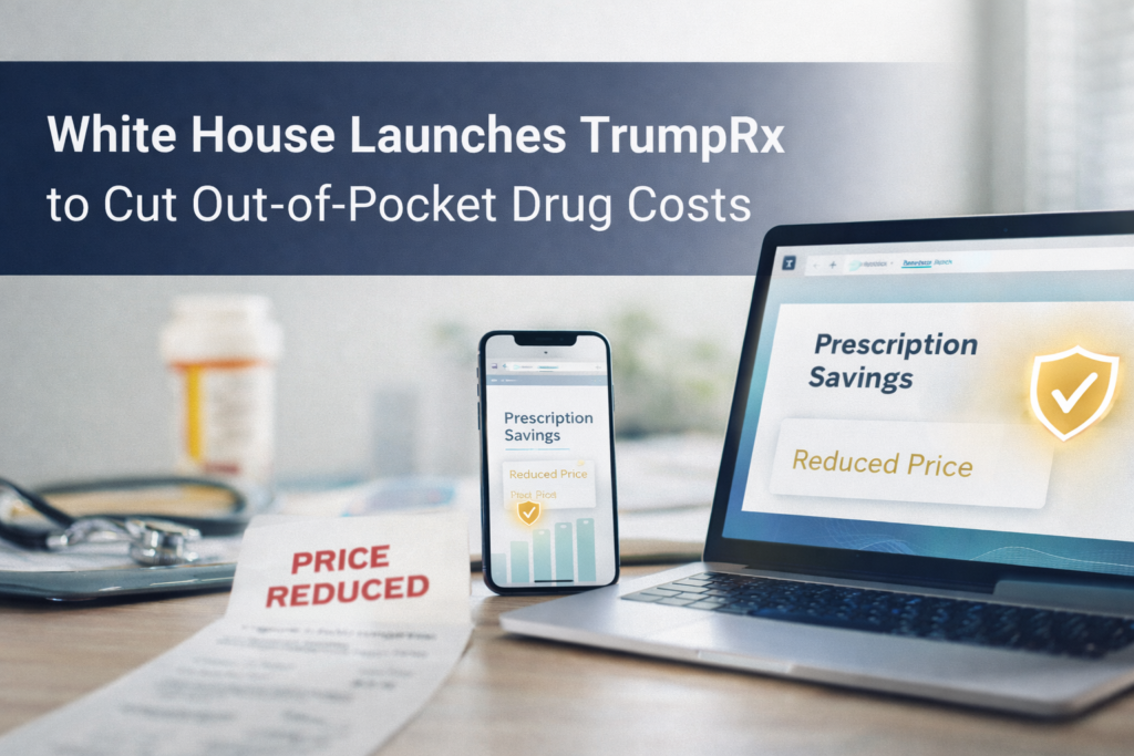 TrumpRx drug website banner showing a phone and laptop with prescription savings pricing in a modern healthcare setting.