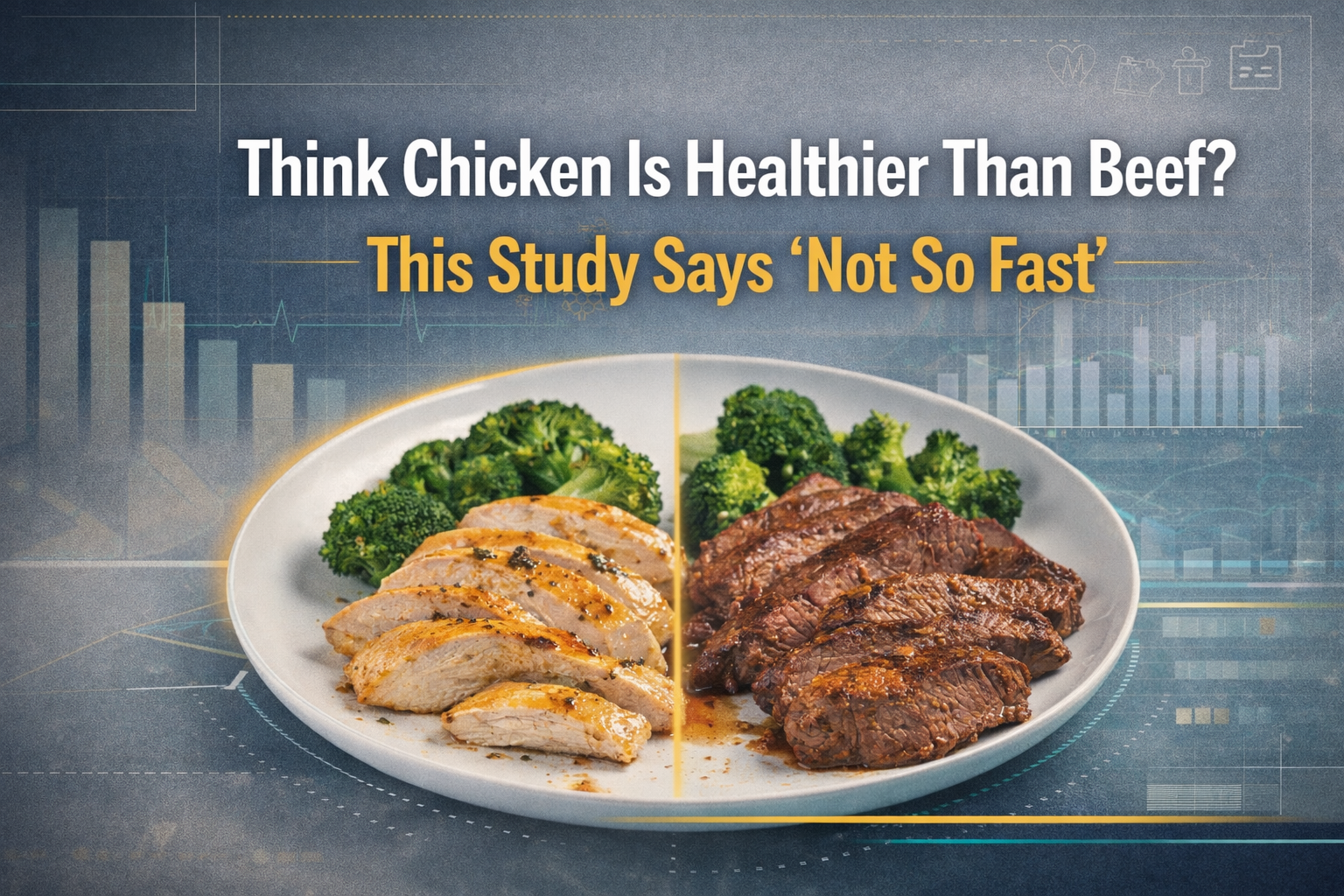 beef vs chicken study—wide banner showing a clean food comparison scene with the headline “Think Chicken Is Healthier Than Beef? This Study Says ‘Not So Fast’.”