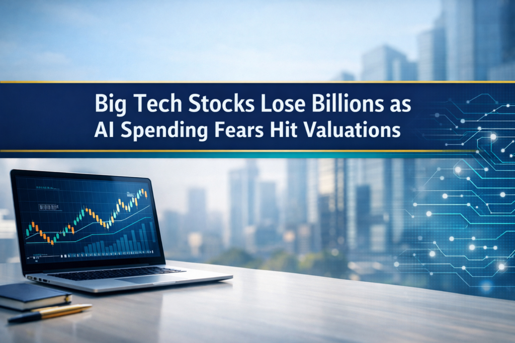 Big tech valuations slide as AI spending fears shake investor confidence, shown in a clean market-themed banner with charts and tech imagery.