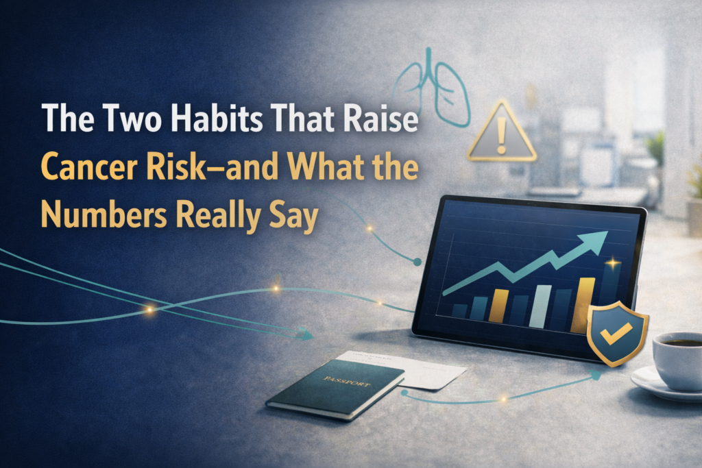 cancer prevention habits banner with a data chart on a tablet, subtle prevention icons, and a calm business-style health analytics scene.